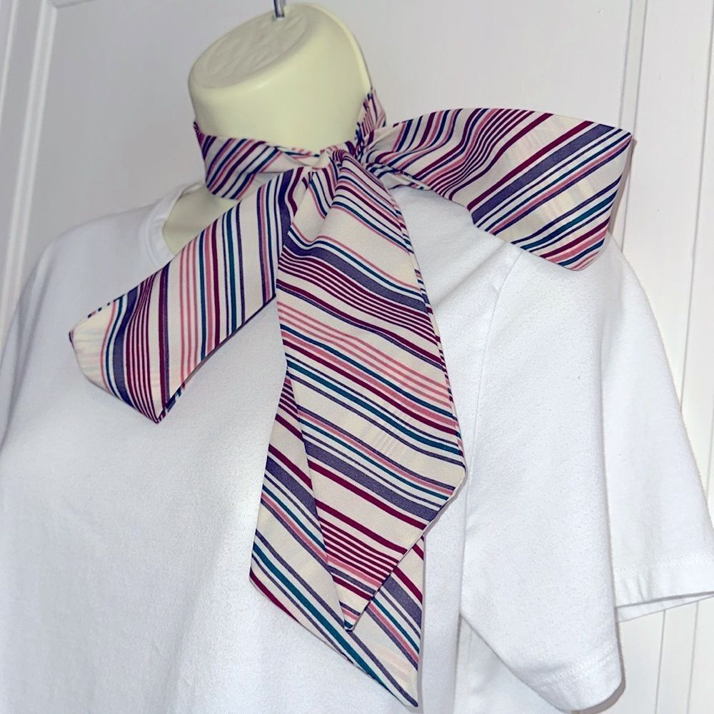 Vintage 70s cream, pink, maroon, turquoise green & gray diagonal‎ striped scarf